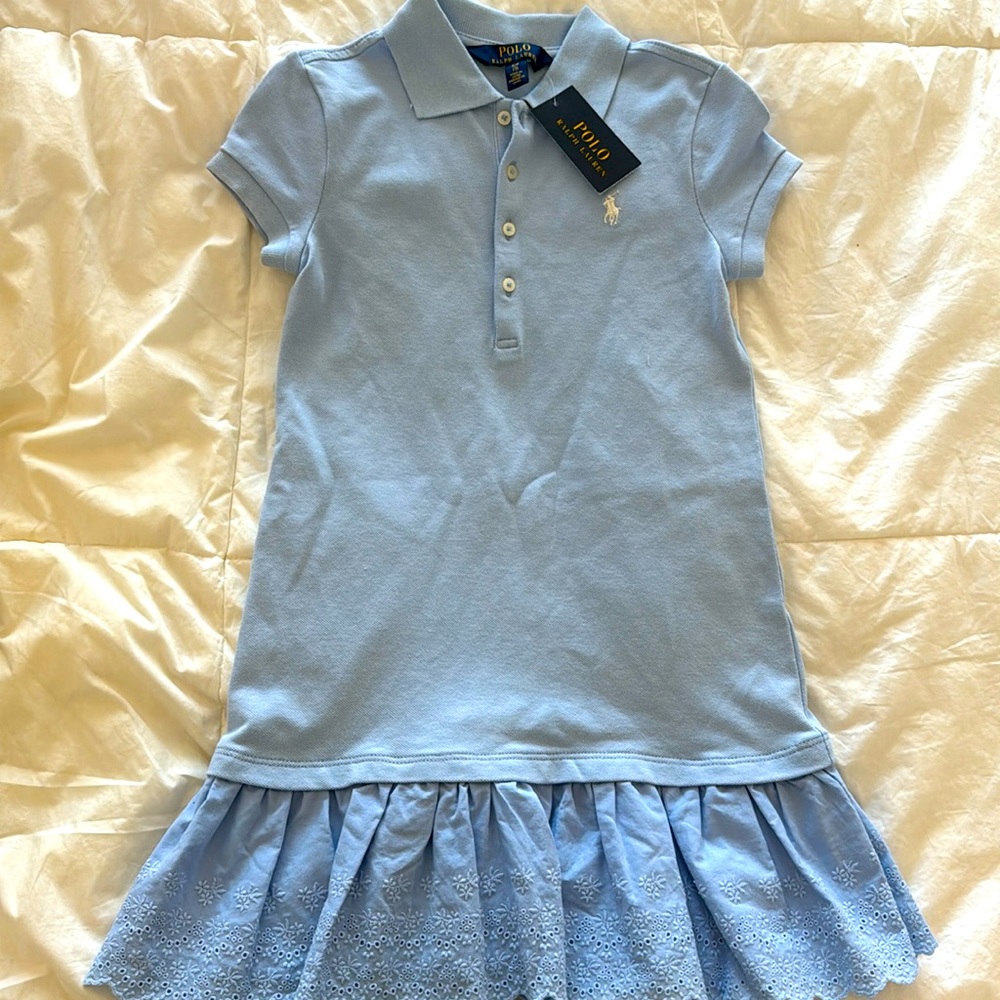 Ralph Lauren Polo Girls Blue Dress with Eyelet Ruffle Size Small (7)